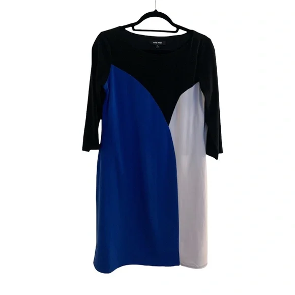 Nine West Color Block 3/4 Sleeve Sheath Dress - Black Blue & White 6